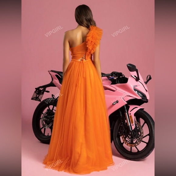 🔥 One Shoulder Ruffle Trim Split Thigh Formal Dress - Picture 2 of 4